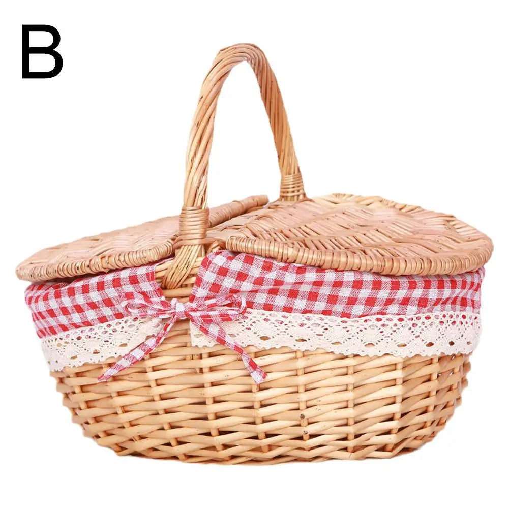 Handmade Wicker Picnic Basket with Handle – Multi-Purpose Willow Woven Storage Hamper for Outdoor Camping and Fruit
