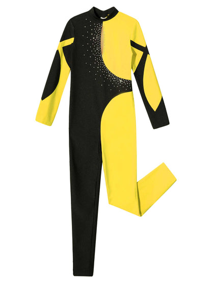 Kids Girls Long Sleeve Rhinestone Bodysuit — Full Body Dancewear Gymnastics Leotard Skating Jumpsuit