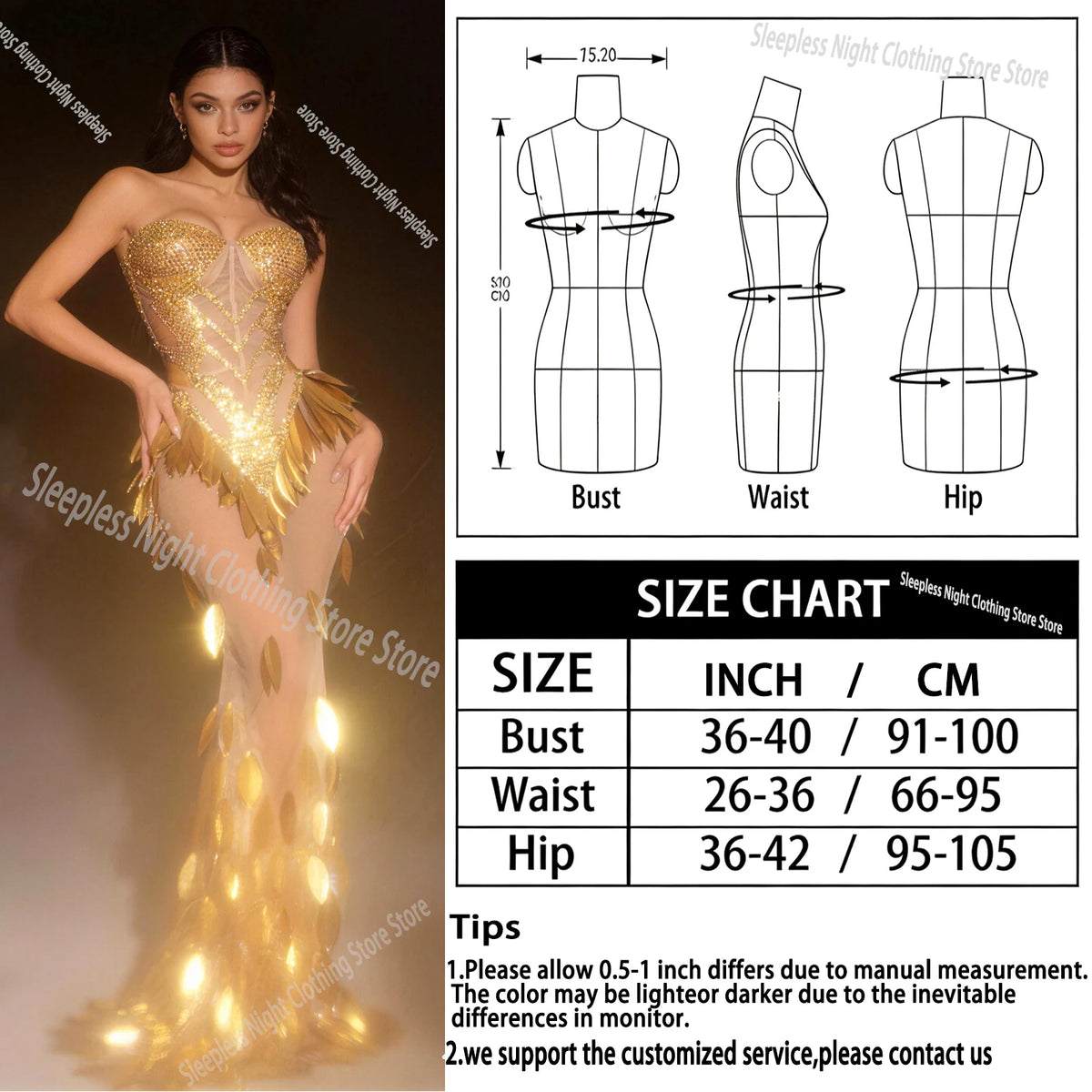 3D Gold Feather Rhinestone Split Dress - Evening Dance, Catwalk & Stage Performance Outfit