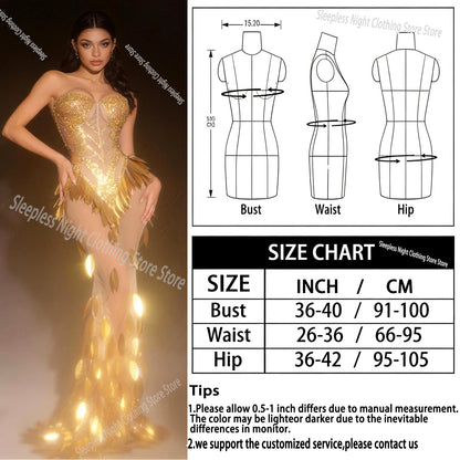 3D Gold Feather Rhinestone Split Dress - Evening Dance, Catwalk & Stage Performance Outfit