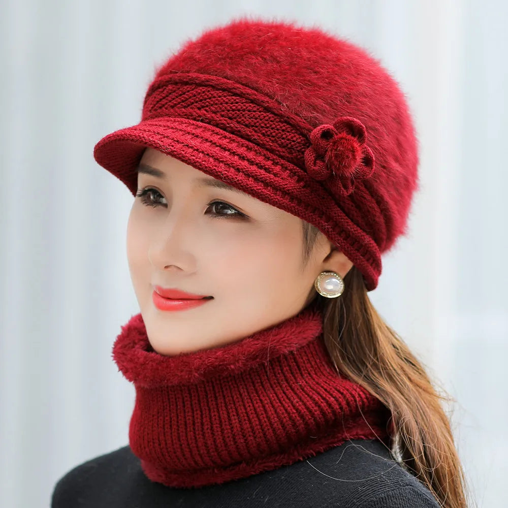 Women's Winter Hat and Scarf Set - Faux Fur Lined Knitted Cap with Flower Detail for Warmth and Style