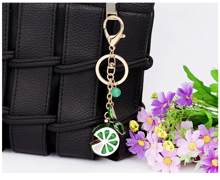 EASYA Vintage Imitation Fruit Charm Keychain – Lemon, Persimmon & Strawberry Glass Pendant, Luxury Jewelry for Women