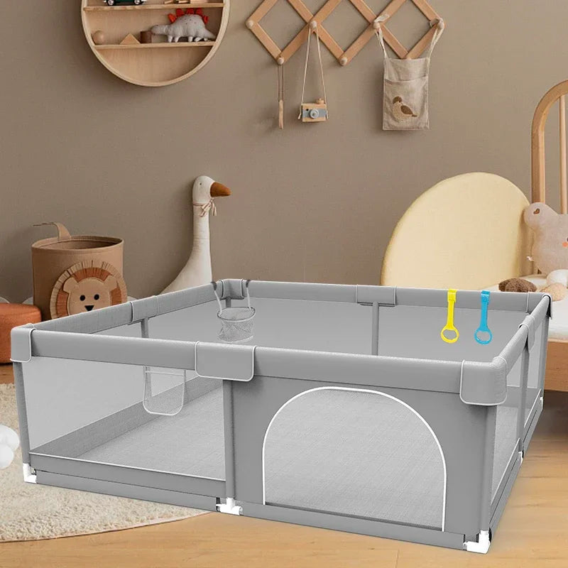 IMBABY Baby Playpen – Light Gray Corralito with Pull Ring, Child Safety Barrier Fence and Ball Box for Baby Playground