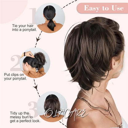 Messy Bun Hair Piece – Claw Clip-in Short Straight Ponytail Extension, Tousled Updo Bun for Women & Girls