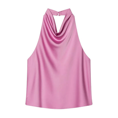 Women's Satin Halter Backless Camisole Top – Off Shoulder Summer Beach Tank Blouse