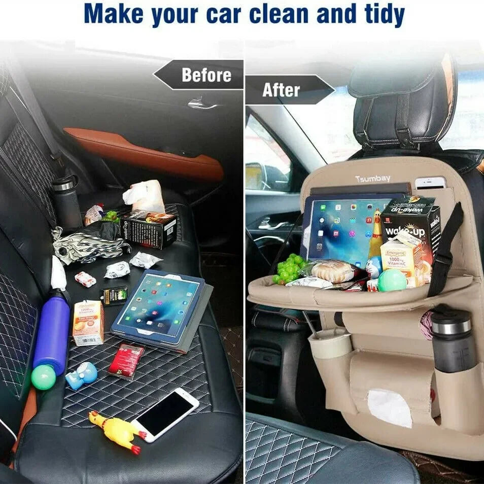 PU Leather Car Seat Back Organizer – Auto Storage Bag with Foldable Table Tray, Tablet Holder, and Tissue Box Pockets