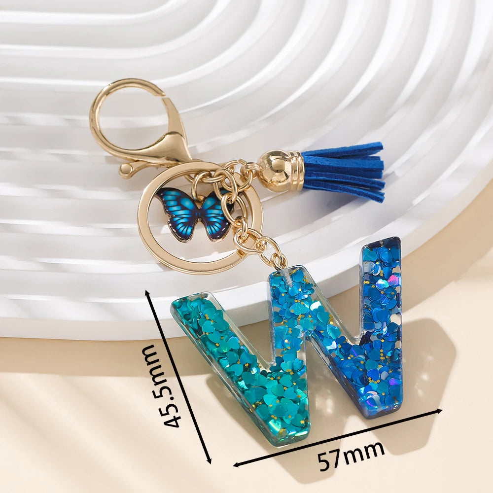 Royal Blue Butterfly Initial Keychain - Alloy Alphabet Letter & Tassel Backpack Charm