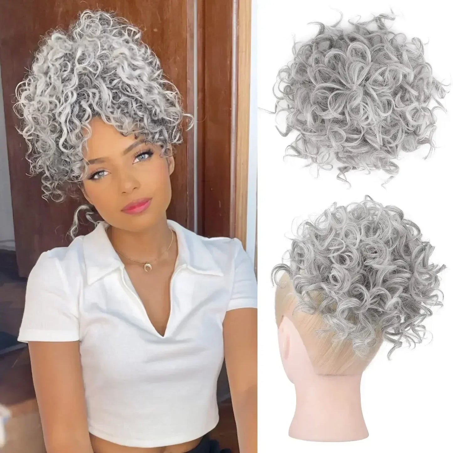 Synthetic Messy Curly Hair Bun – Short Loose Wave Updo Ponytail, Blonde Chignon Hairpiece, Heat-Resistant Extensions for Women
