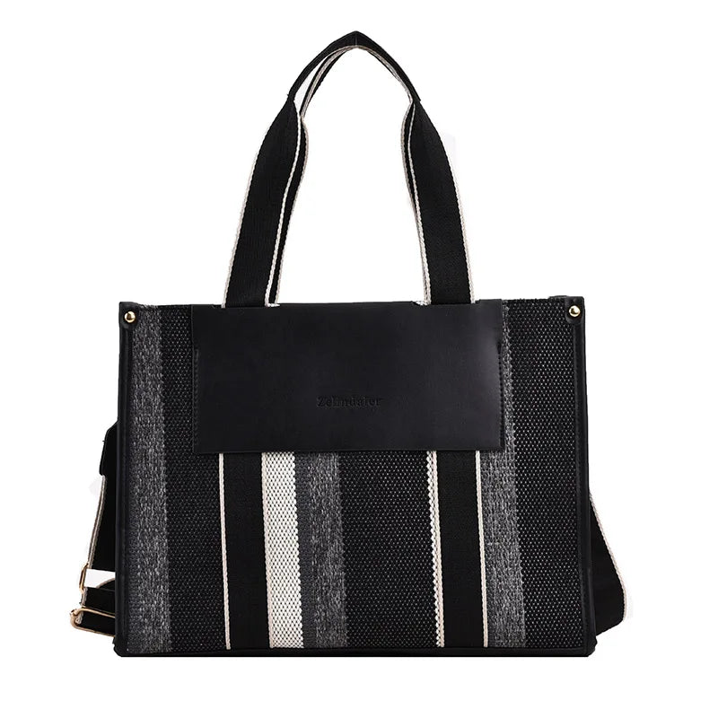 MOODS Quality Canvas Tote Bag for Women 2023 – Luxury Designer Handbag, Contrast Color Striped, Big Shoulder Crossbody Shopper Totes