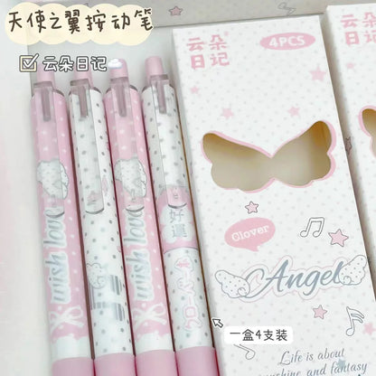 4-Piece Angel Wings Press Pen Set - Quick-Drying Black Ink Korean-Style Kawaii Pens for Students, Exams and Everyday Writing