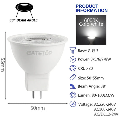 10PCS MR16 GU5.3 LED Bulb – Full Voltage AC/DC 12V–220V Spotlight, Flicker-Free White Light for Home, Study & Indoor Lighting