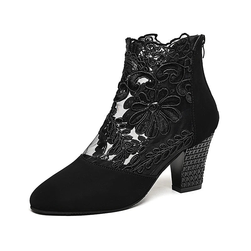 Women’s Spring Lace Boots – Fashion High Heels Ankle Shoes with Round Toe, Plus Size Available