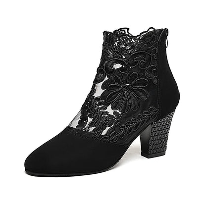 Women’s Spring Lace Boots – Fashion High Heels Ankle Shoes with Round Toe, Plus Size Available