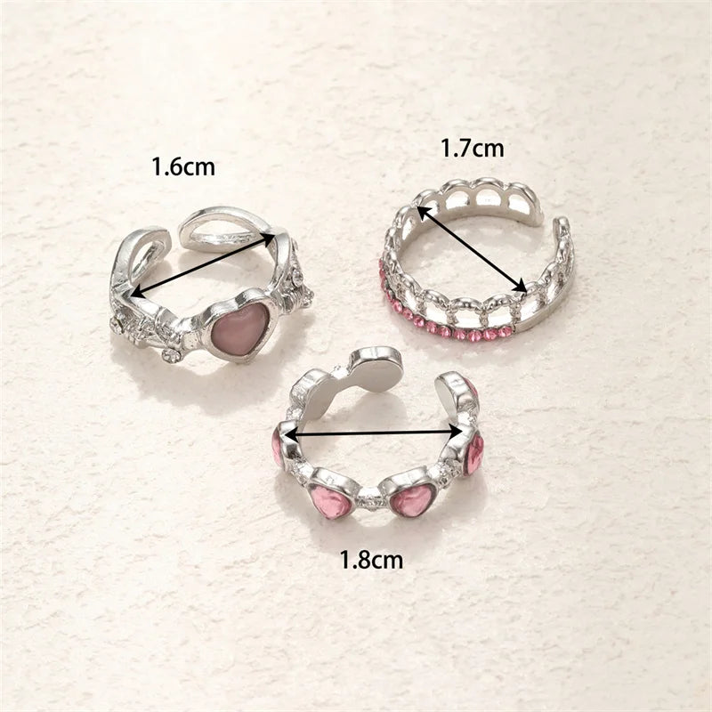 3PCS Heart Zircon Open Ring Set - Y2K Gothic Fashion Jewelry Accessories for Women & Girls