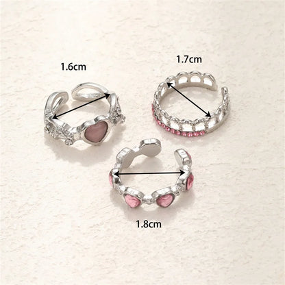 3PCS Heart Zircon Open Ring Set - Y2K Gothic Fashion Jewelry Accessories for Women & Girls