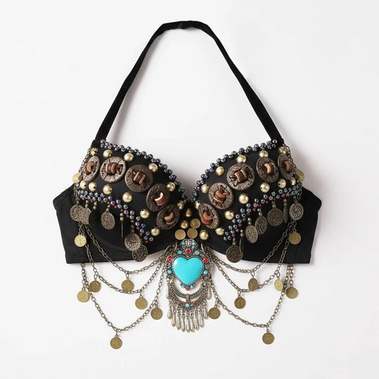 Vintage Gypsy Tribal Belly Dance Push-Up Bra – Wooden Beads Top with Turquoise Medallion
