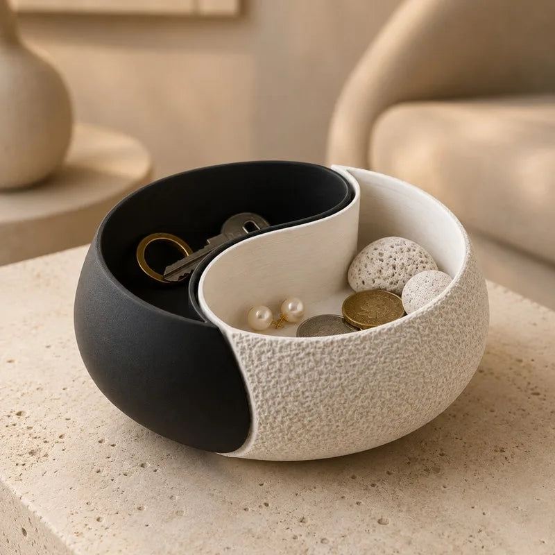 3D Printed Yin-Yang Storage Bowl - Double Compartment Jewelry Tray & Key Holder for Desk Decor
