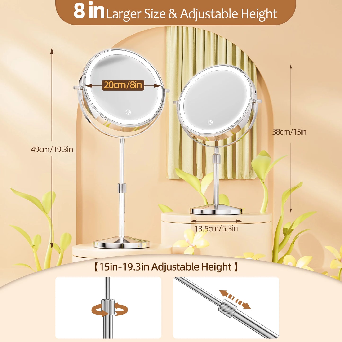 8-Inch Makeup Mirror with Light – 10X Magnification, 3 Color LED, Adjustable Brightness & Height Standing Cosmetic Mirror