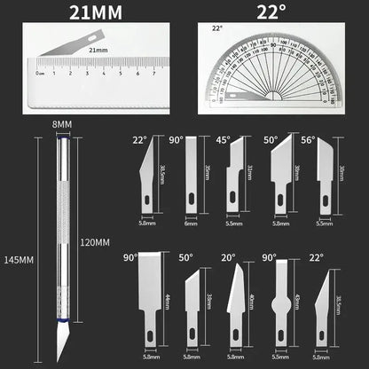 13PCS Metal Scalpel Knife Set – Portable Blue Box with 3 Handles & 10 Blades for Precision Carving, DIY & Repair Tools