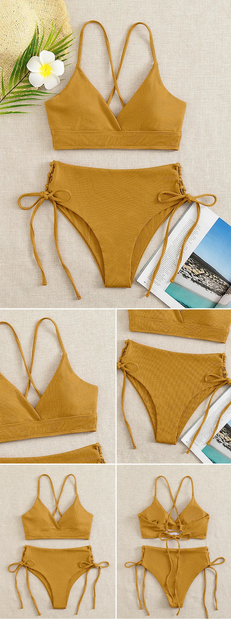 Cikini V-Neck Split Bikini Set – Sexy Lace-Up Triangular Solid Color Swimwear for Women