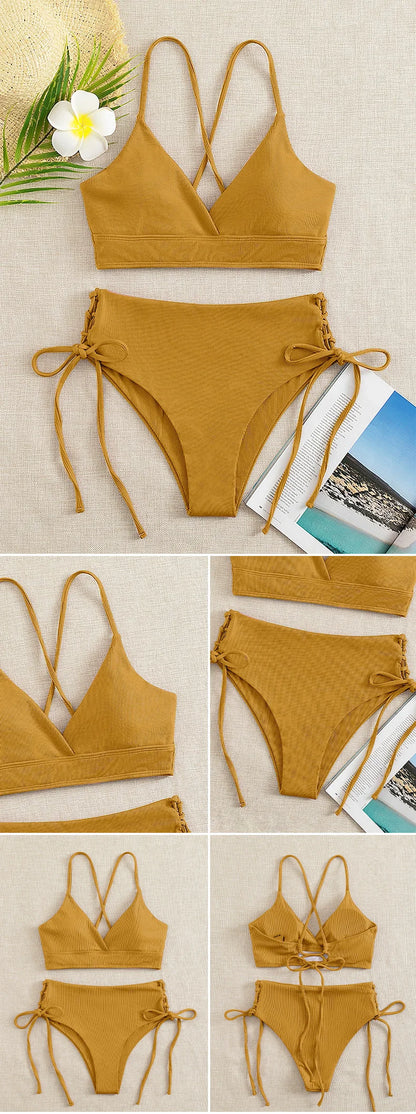 Cikini V-Neck Split Bikini Set – Sexy Lace-Up Triangular Solid Color Swimwear for Women