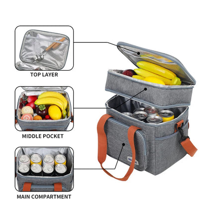 Large Capacity Double Layer Crosbody Lunch Bags - Thermal Insulation Picnic Food & Beverage Bag for Outdoor Travel Storage