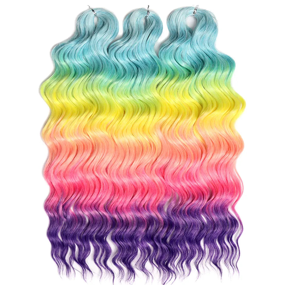 FASHION IDOL 24" Deep Wave Crochet Hair - 3-Piece Synthetic Water Wave Braiding Extensions, Ombre Rainbow Twist Hair