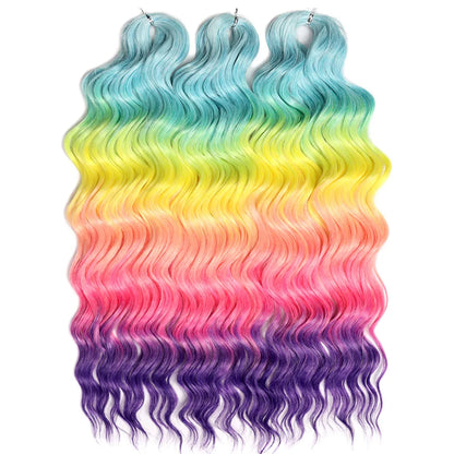 FASHION IDOL 24" Deep Wave Crochet Hair - 3-Piece Synthetic Water Wave Braiding Extensions, Ombre Rainbow Twist Hair
