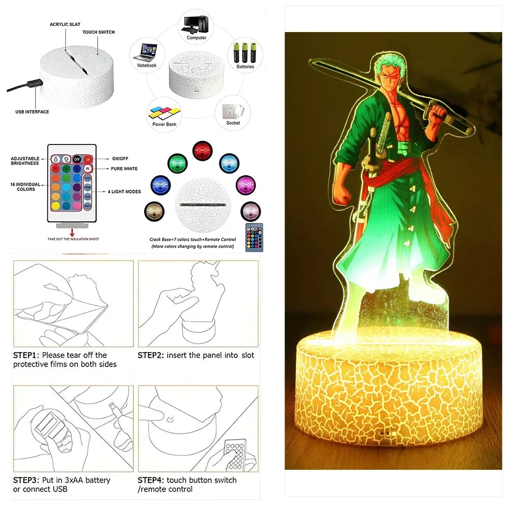 One Piece Luffy Zoro Action Figures 3D LED Lamp – Anime PVC Model Toy Night Light for Kids & Christmas Gift