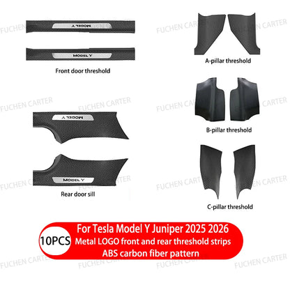 Tesla Model Y Juniper 2025–2026 Metal Logo Door Sill Protectors – Front and Rear Anti-Kick Threshold Guard Strips