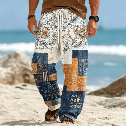 Men’s Tribal Patchwork Drawstring Pants - Casual Boho Summer Beach & Vacation Trousers