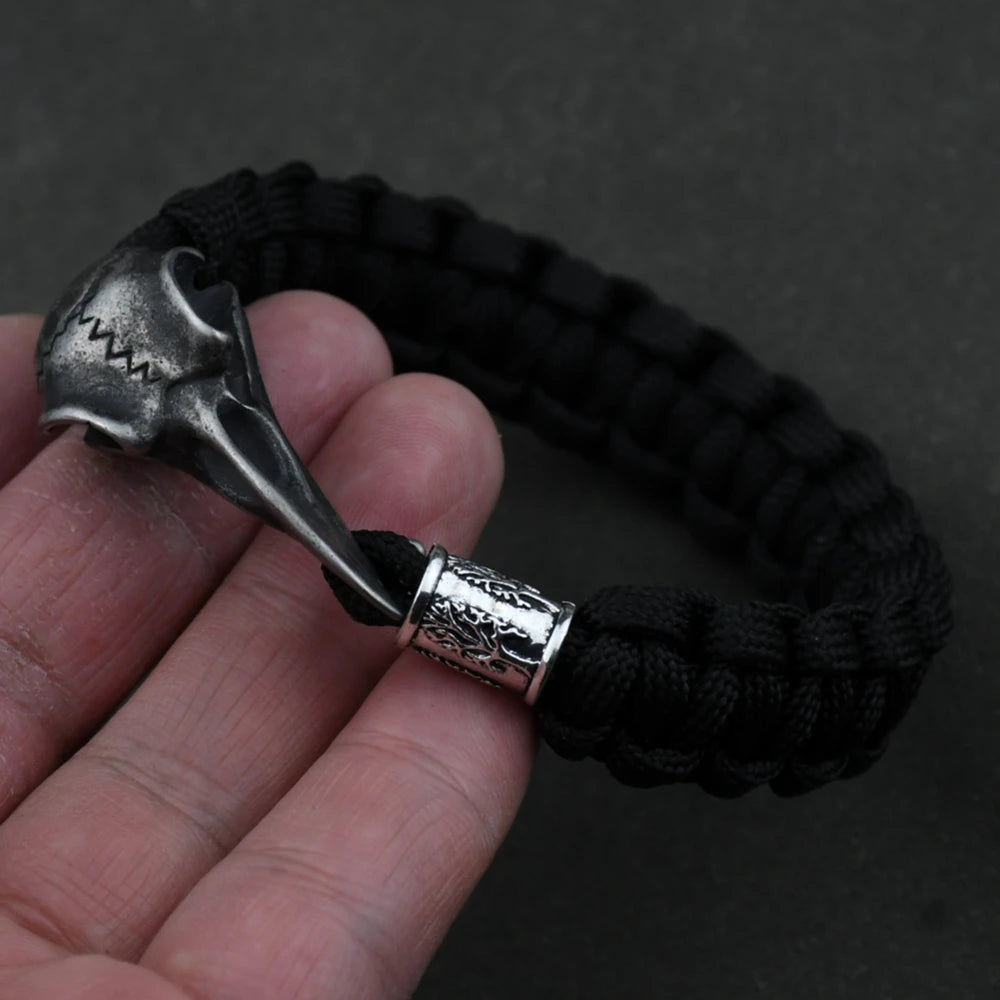 Odin Crow Skeleton Viking Bracelet - Norse Rune Bead Paracord Rope Valknut Eagle Pendant Amulet Jewelry Gift