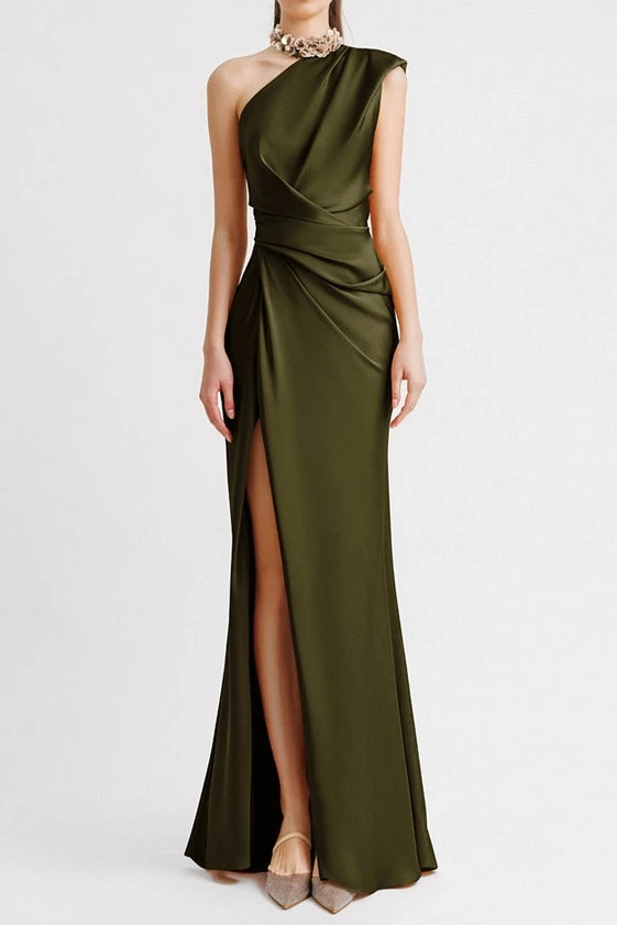 Women’s Solid Color Long Dress – Slanted Collar, Raglan Sleeves, Pleated Waist, Retro Elegant Commuting Style