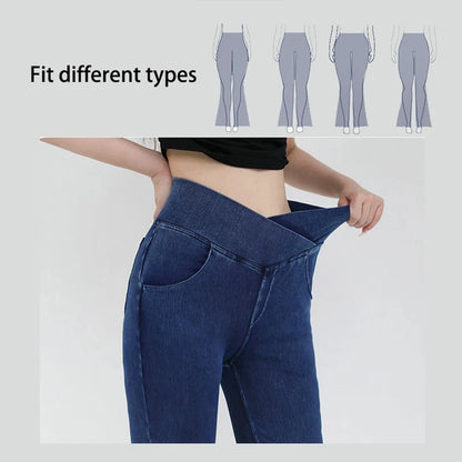 Women's High Waist Flare Leggings - Stretch Denim Yoga Pants for Fitness & Casual Wear
