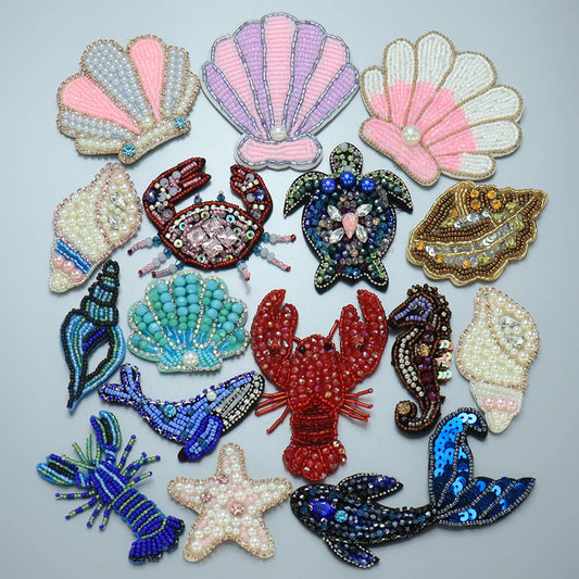 3D Handmade Ocean Animal Patches - Beaded Seahorse Crab Starfish DIY Sewing Accessories & Craft Ornaments