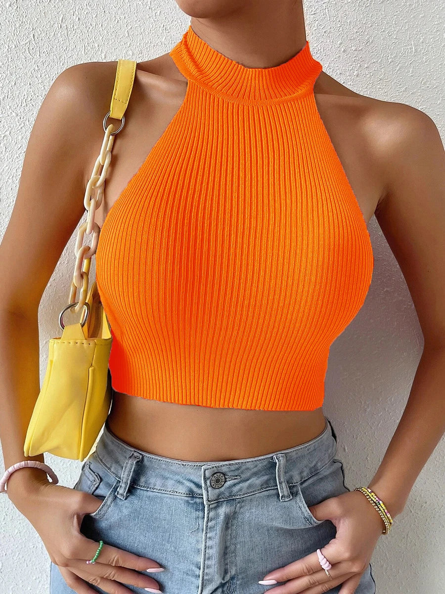 2025 Women’s Ribbed Knit Sleeveless Crop Top – Sexy Solid Halter Corset Tank for Casual, Crossfit & Y2K Fashion