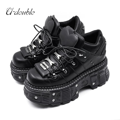 New Punk Style Lace-up Women’s Platform Boots with 6CM Heel, Gothic Rock Ankle Boots, Metal Decor Sneakers