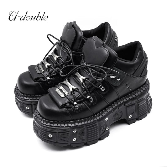 New Punk Style Lace-up Women’s Platform Boots with 6CM Heel, Gothic Rock Ankle Boots, Metal Decor Sneakers