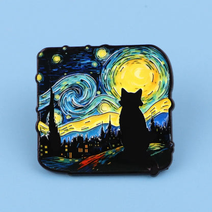 Starry Night Cat Brooch - Van Gogh-Inspired Enamel Pin Badge and Artistic Fashion Jewelry Gift