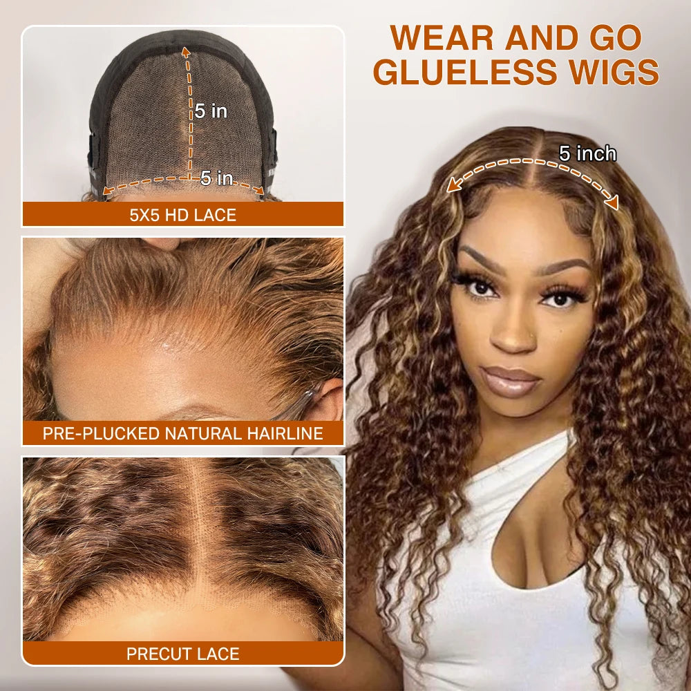 Deep Wave Honey Blonde Glueless Human Hair Wig — Pre-Cut HD Lace Front Ombre Curly Wig for Women
