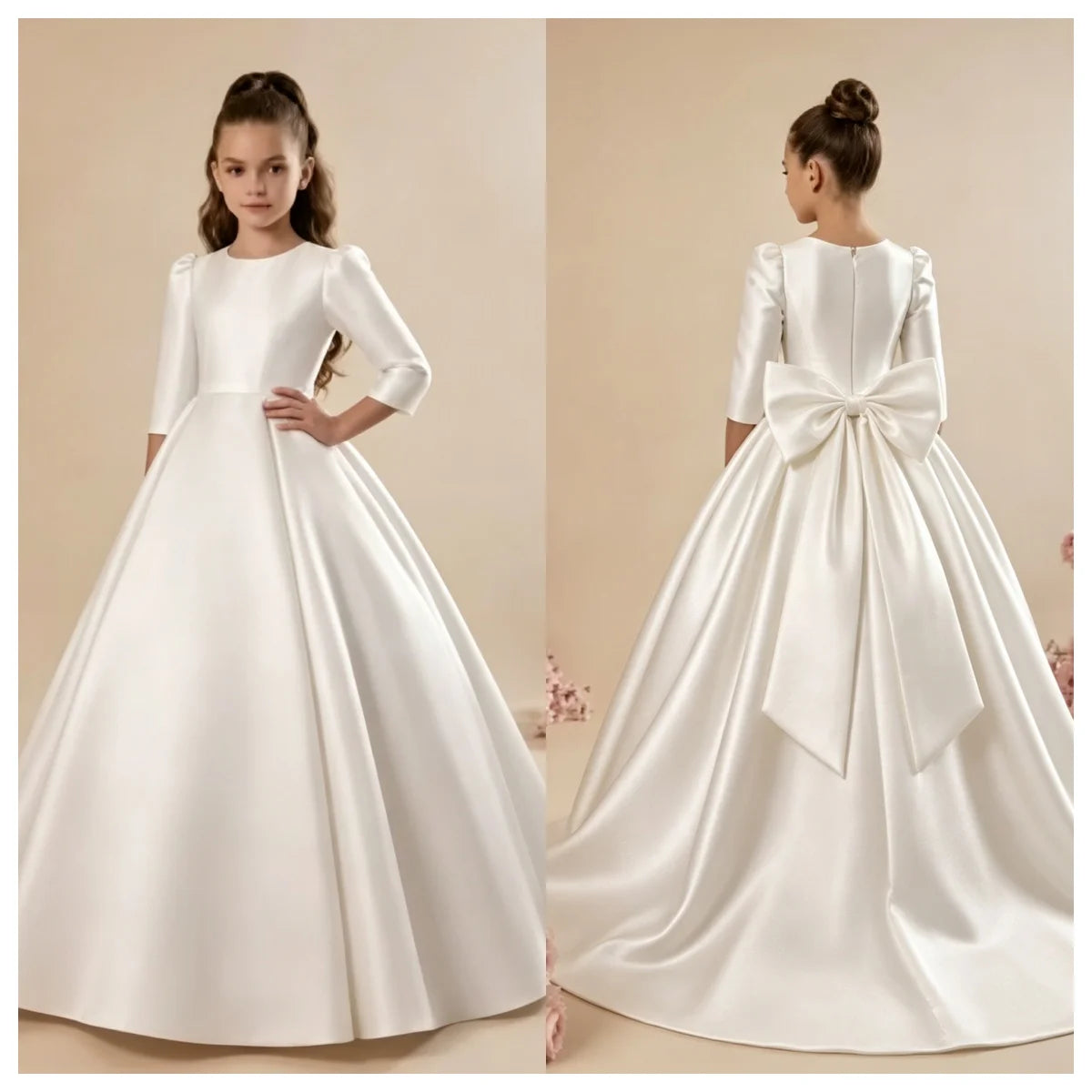 Girls First Communion Satin Dress - Long Sleeve A-Line Princess Gown for Weddings & Parties