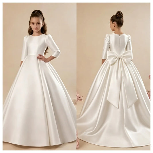 Girls First Communion Satin Dress - Long Sleeve A-Line Princess Gown for Weddings & Parties