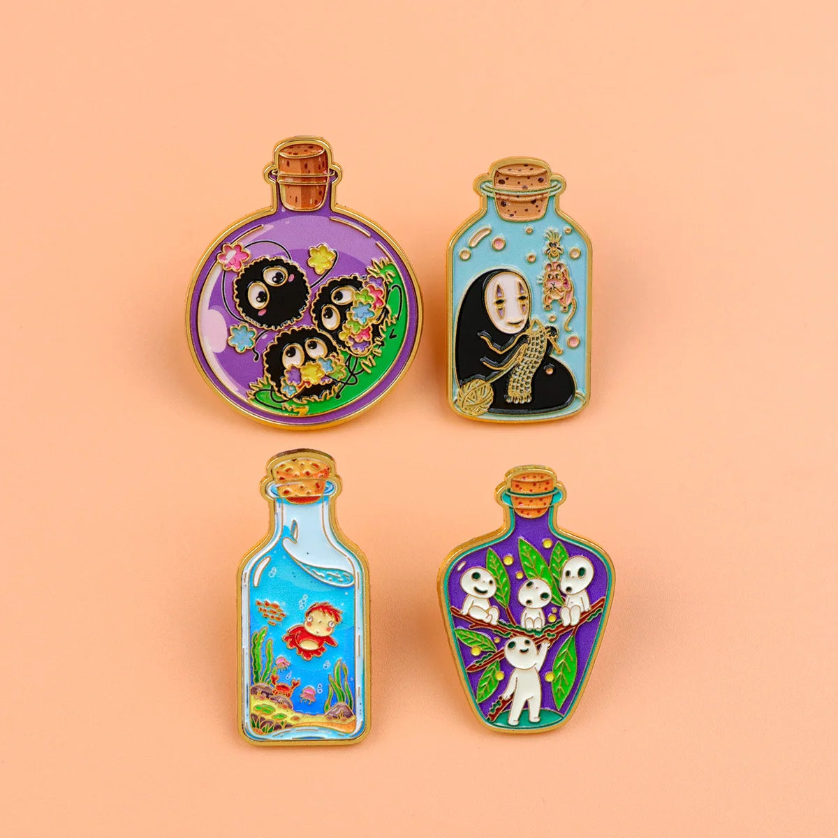 4-Piece Anime Ghost Enamel Pin Set - Magic Bottle Lapel Badges for Backpacks, Clothing, and Collectible Gifts