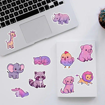 50-Piece Kawaii Animal Sticker Set - Glittery Cartoon, Rainbow, and Starry Sky Waterproof Vinyl Decals for Laptops and Water Bottles