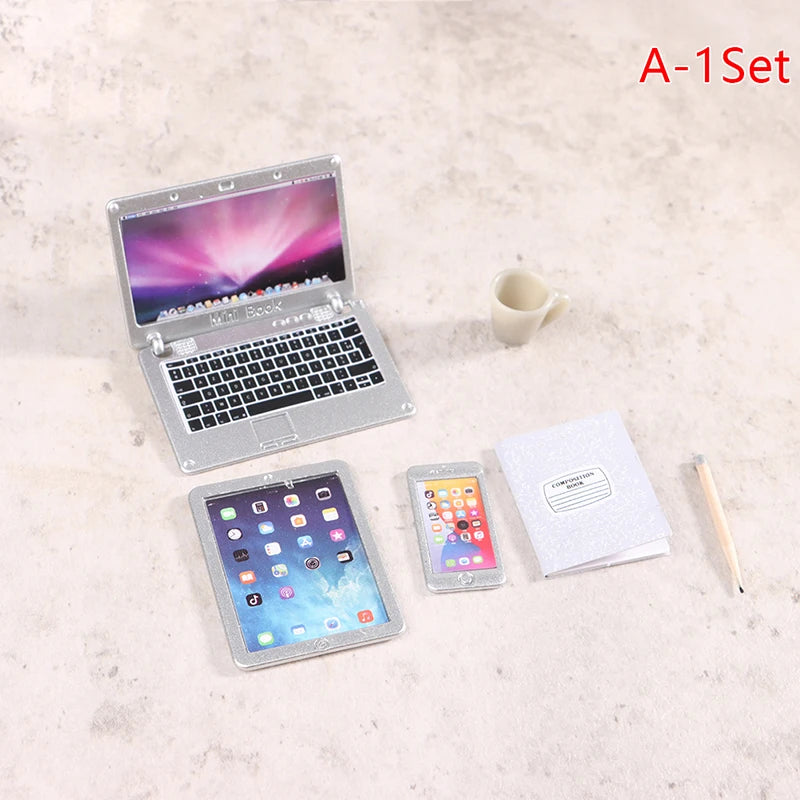 6–7PCS 1:12 Dollhouse Miniature Study Desk Set — Laptop, Phone, Tablet, Lamp & Books Scene Decor