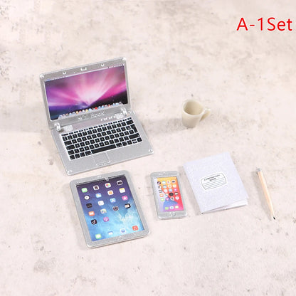 6–7PCS 1:12 Dollhouse Miniature Study Desk Set — Laptop, Phone, Tablet, Lamp & Books Scene Decor