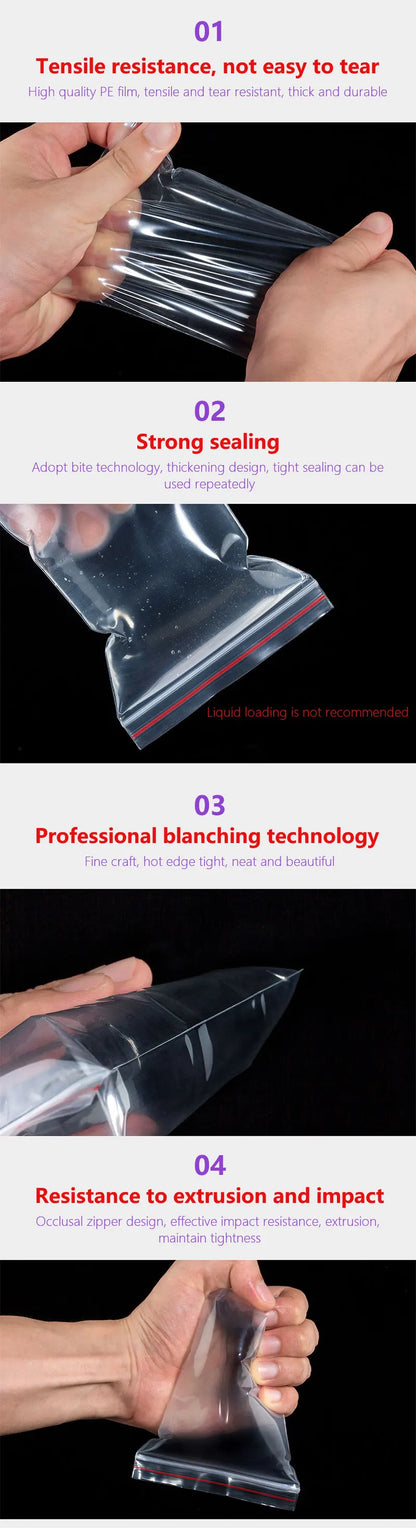 100PCS Thick Zipper Sealed Bags – Clear Plastic Storage Bags for Jewelry, Food Packing, Reclosable Ziplock Bags