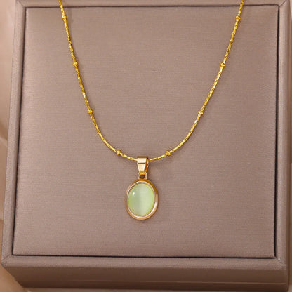 Fashion Opal Oval Necklace for Women – Gold Stainless Steel Pendant, Aesthetic Wedding Jewelry Gift