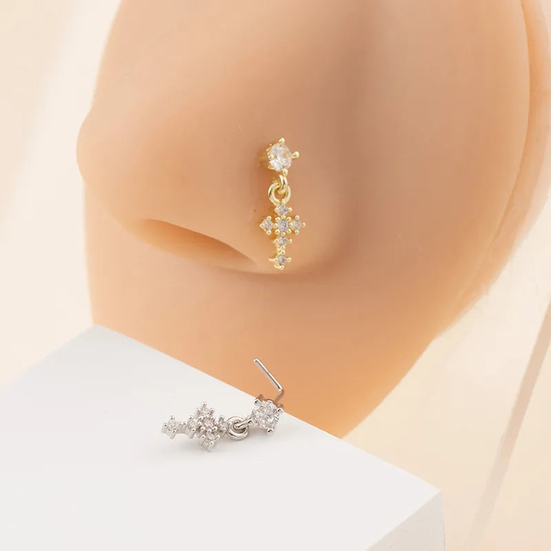 Dangle Cross Nose Rings for Women - L-Shape Nose Studs Body Piercing Jewelry