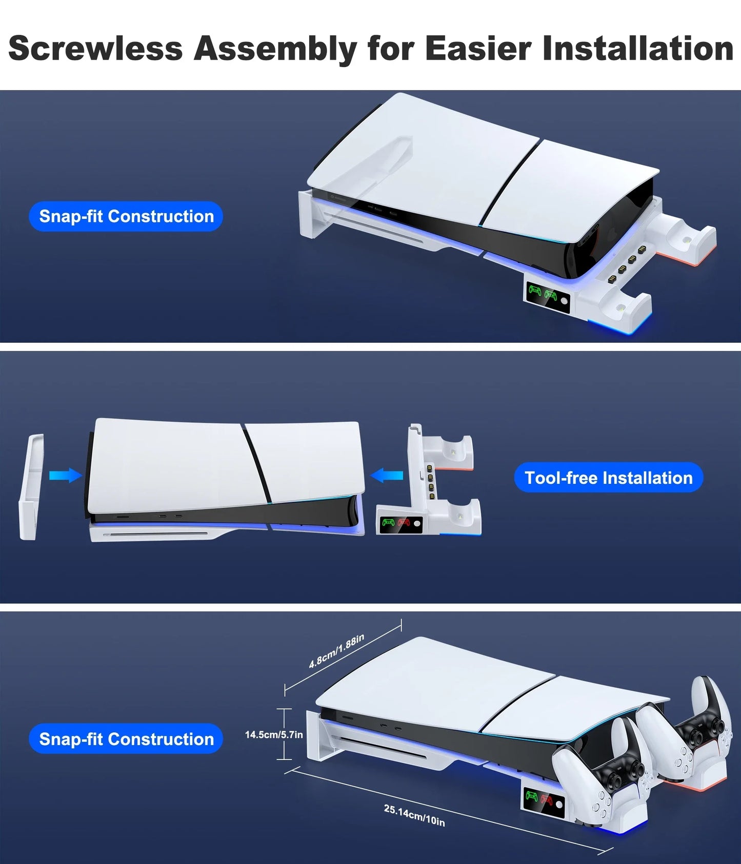 BEBONCOOL PH100 PS5 Pro & PS5 Slim Charging Stand with LED Lights – Horizontal Dock for PlayStation 5 Digital & Disc Version Accessories